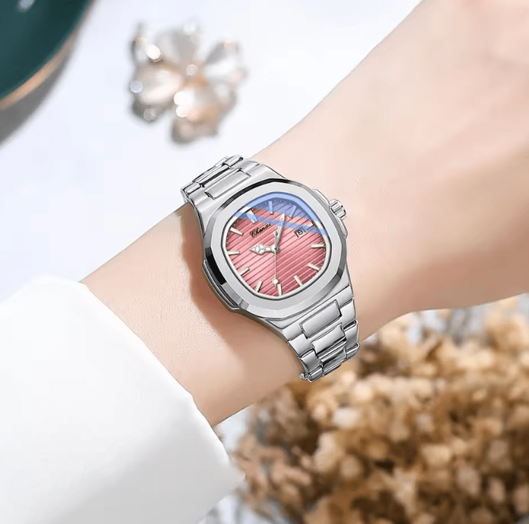 CHENXI 8222 Women’s Quartz Watch – Pink Striped Dial with Calendar & Luminous Hands – Fashion Stainless Steel Wristwatch Gift for Girls & Ladies