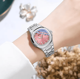 CHENXI 8222 Women’s Quartz Watch – Pink Striped Dial with Calendar & Luminous Hands – Fashion Stainless Steel Wristwatch Gift for Girls & Ladies