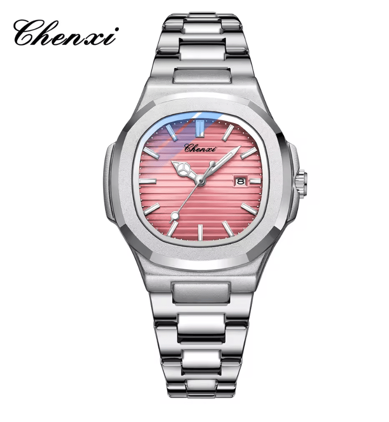 CHENXI 8222 Women’s Quartz Watch – Pink Striped Dial with Calendar & Luminous Hands – Fashion Stainless Steel Wristwatch Gift for Girls & Ladies