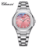 CHENXI 8222 Women’s Quartz Watch – Pink Striped Dial with Calendar & Luminous Hands – Fashion Stainless Steel Wristwatch Gift for Girls & Ladies