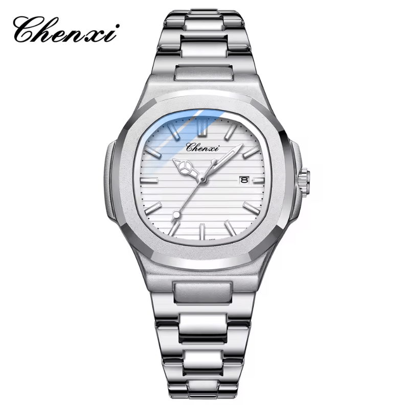 CHENXI 8222 Women’s Quartz Watch – Pink Striped Dial with Calendar & Luminous Hands – Fashion Stainless Steel Wristwatch Gift for Girls & Ladies