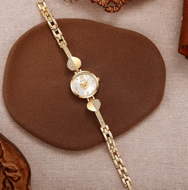 Women’s Small Gold Quartz Watch – Compact Round Dial with Diamond Inlaid Bracelet – Elegant & Stylish Wristwatch for Ladies