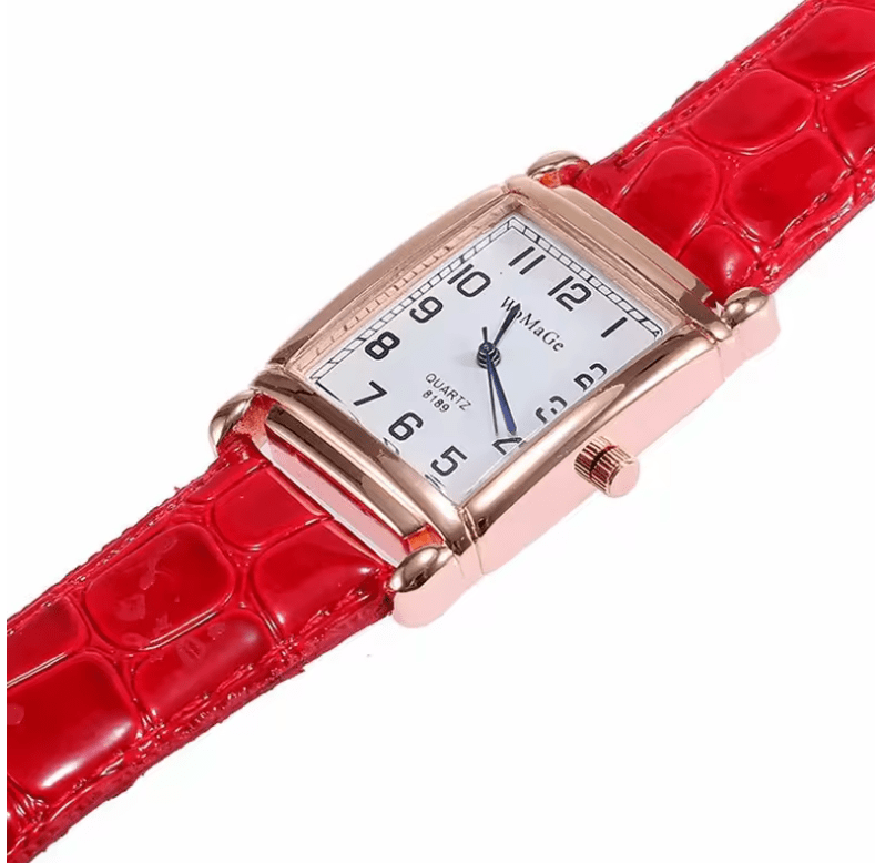 Fashion Women’s Luxury Watch – Rose Gold Metal Square Case, Rectangle Dial, Red Leather Strap – Elegant Ladies Quartz Wristwatch Female Clock