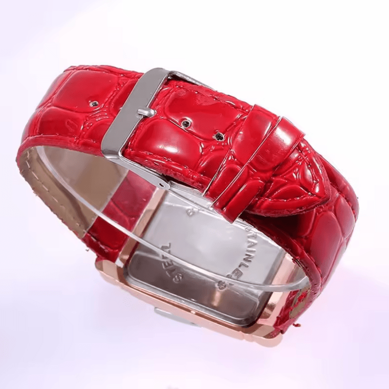 Fashion Women’s Luxury Watch – Rose Gold Metal Square Case, Rectangle Dial, Red Leather Strap – Elegant Ladies Quartz Wristwatch Female Clock