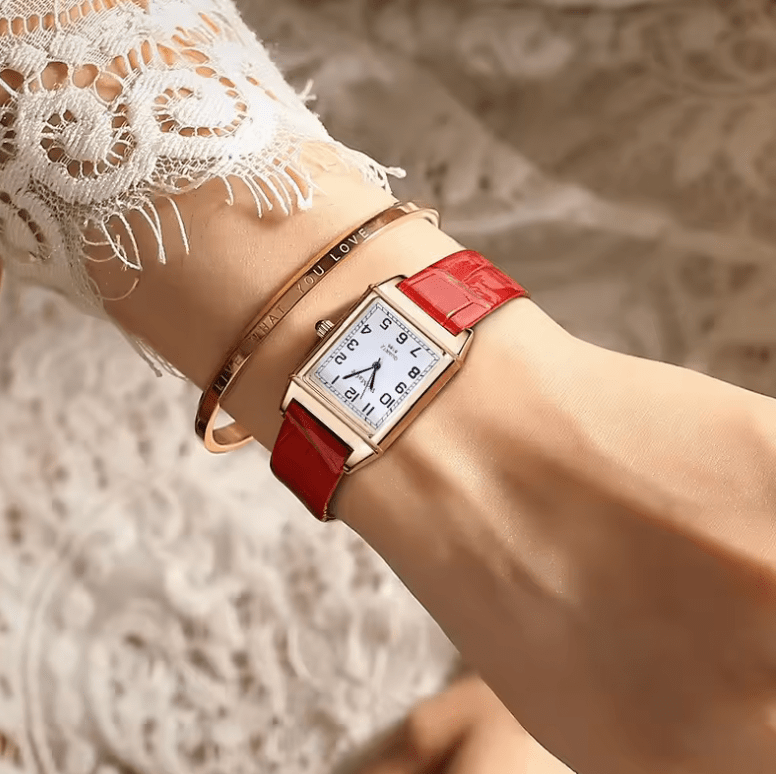 Fashion Women’s Luxury Watch – Rose Gold Metal Square Case, Rectangle Dial, Red Leather Strap – Elegant Ladies Quartz Wristwatch Female Clock
