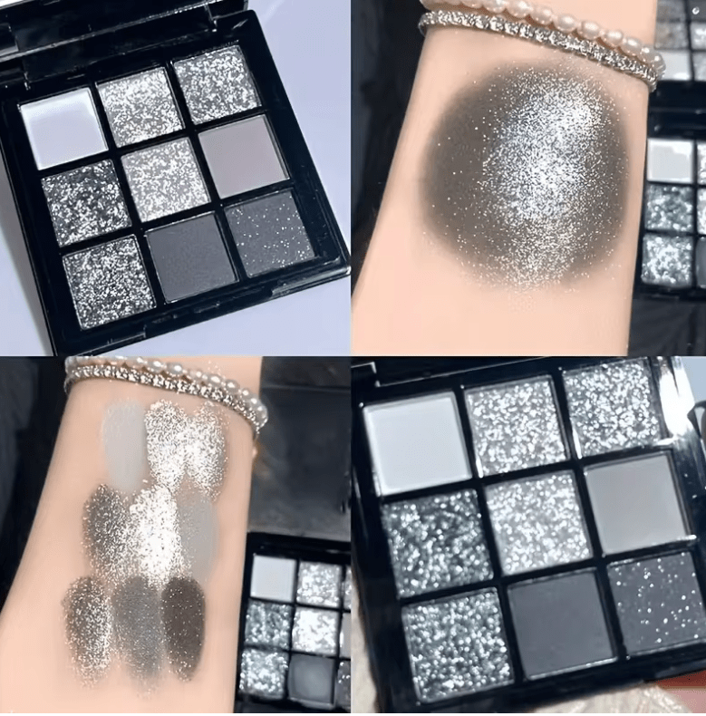 Black Swan 9-Color Eyeshadow Palette – Glitter & Matte Shades for Smoky Eyes – Dark Silver, Light Gray, Charcoal Tones – Dramatic Glam & Punk-Inspired Makeup