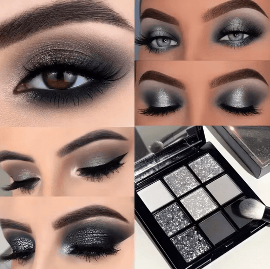 Black Swan 9-Color Eyeshadow Palette – Glitter & Matte Shades for Smoky Eyes – Dark Silver, Light Gray, Charcoal Tones – Dramatic Glam & Punk-Inspired Makeup