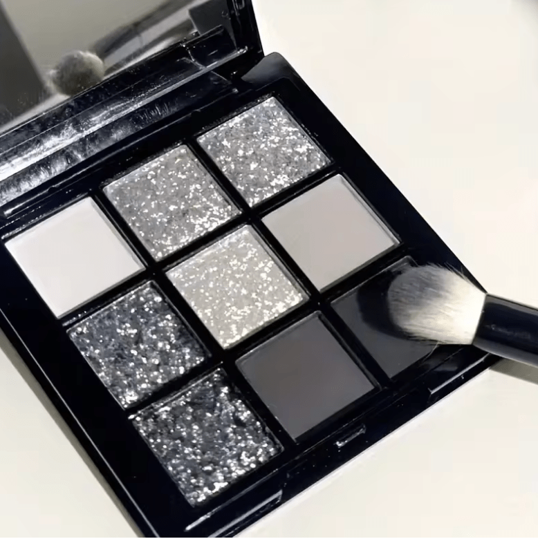 Black Swan 9-Color Eyeshadow Palette – Glitter & Matte Shades for Smoky Eyes – Dark Silver, Light Gray, Charcoal Tones – Dramatic Glam & Punk-Inspired Makeup