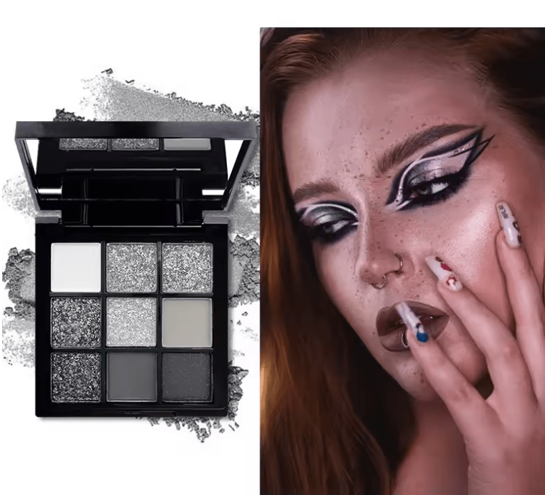 Black Swan 9-Color Eyeshadow Palette – Glitter & Matte Shades for Smoky Eyes – Dark Silver, Light Gray, Charcoal Tones – Dramatic Glam & Punk-Inspired Makeup