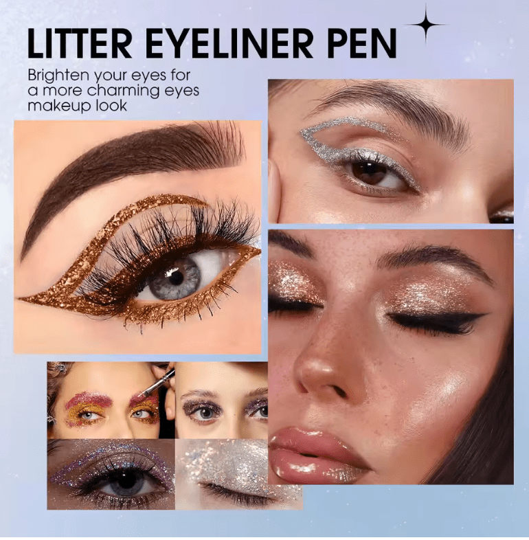 Gold Glitter Liquid Eyeliner Pen – Waterproof, Smudge-Proof, Long-Lasting Formula – Fast-Drying Eye Makeup for Bold, Sparkling Looks – Easy-to-Use Precision Tip