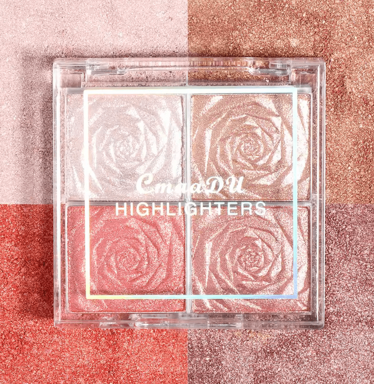 Rose Diamond Highlighter Powder Palette – 4-Color Shimmer Glow for Face & Cheeks – Glitter Contour, Brighten & Blush – Long-Lasting Makeup for Women