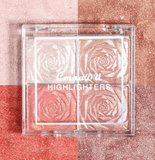 Rose Diamond Highlighter Powder Palette – 4-Color Shimmer Glow for Face & Cheeks – Glitter Contour, Brighten & Blush – Long-Lasting Makeup for Women