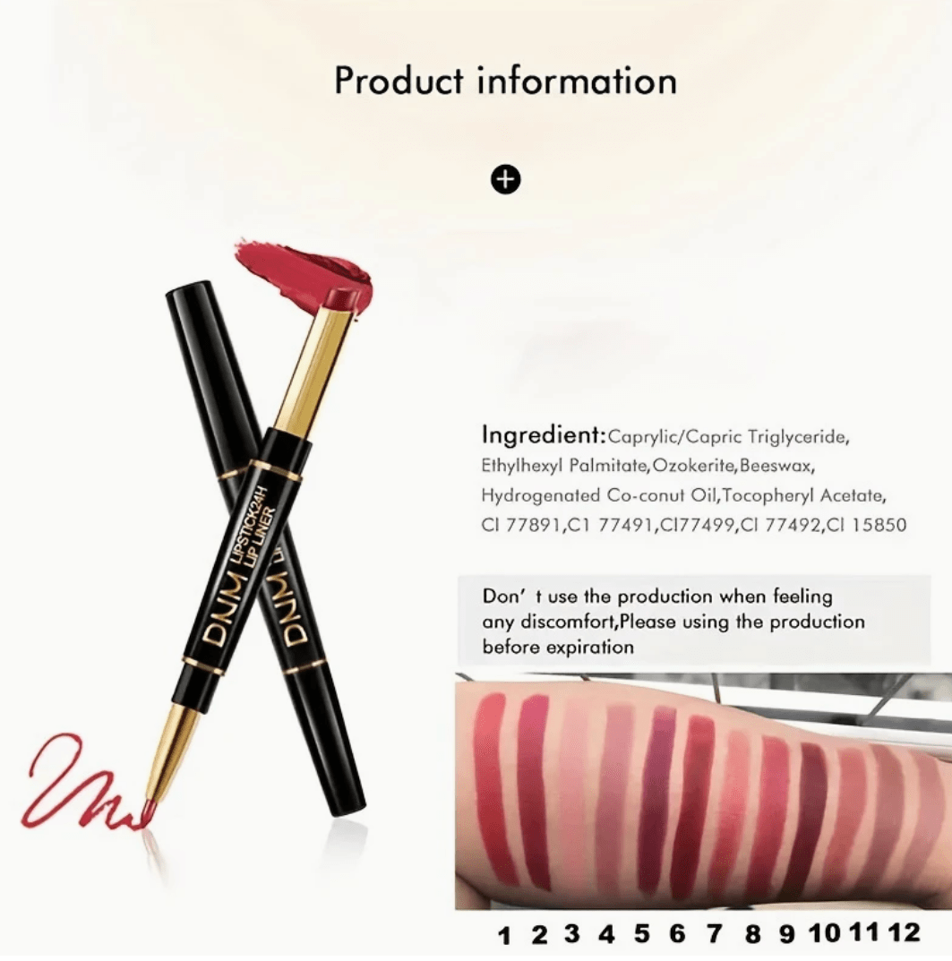 Double-Ended Matte Lipstick & Lip Liner – Waterproof, Long-Lasting Lip Color with Moisturizing Formula – High-Pigment Lipstick Pencil for Smooth, Defined Lips