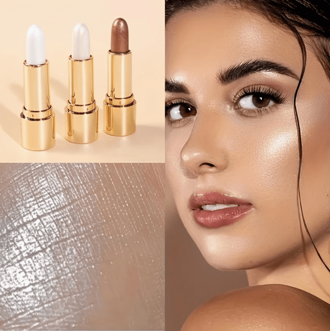 3-Color Highlighter Stick – 3D Face Contour, Shimmer & Concealer Cream – Brightening Bronzer Bar for Glowing Skin – Blendable Makeup Tool for Natural or Glam Looks