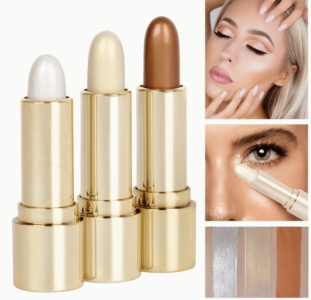3-Color Highlighter Stick – 3D Face Contour, Shimmer & Concealer Cream – Brightening Bronzer Bar for Glowing Skin – Blendable Makeup Tool for Natural or Glam Looks
