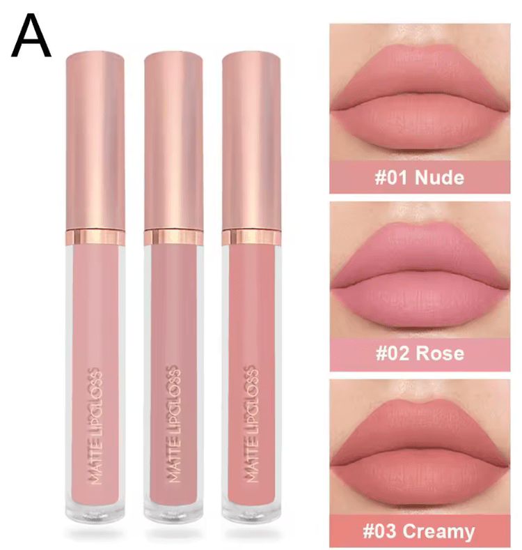 3PCS Matte Nude Liquid Lipstick Set – Velvet Finish, Waterproof & Long-Lasting – Non-Stick, Moisturizing Lip Gloss & Lip Tint Combo for Women’s Daily Makeup