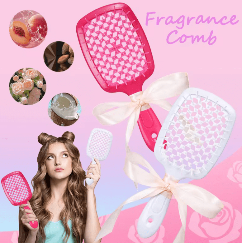 Scented Detangling Hairbrush – Rose, Peach & Coconut Aroma Comb with Massage Bristles – Hollow Wet & Dry Comb with Silk Ribbon – Salon-Quality Gift Brush