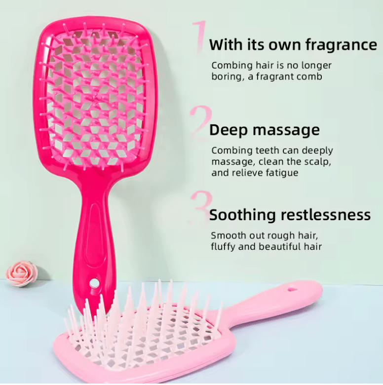 Scented Detangling Hairbrush – Rose, Peach & Coconut Aroma Comb with Massage Bristles – Hollow Wet & Dry Comb with Silk Ribbon – Salon-Quality Gift Brush