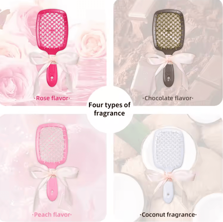 Scented Detangling Hairbrush – Rose, Peach & Coconut Aroma Comb with Massage Bristles – Hollow Wet & Dry Comb with Silk Ribbon – Salon-Quality Gift Brush