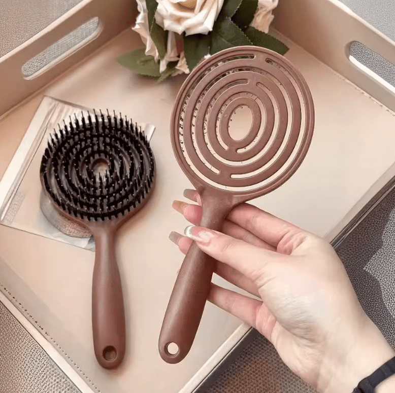 Boar Bristle Detangling Hair Brush – Scalp Massage Comb for Wet & Curly Hair – Hollow Out Barber Hairdressing Styling Tool
