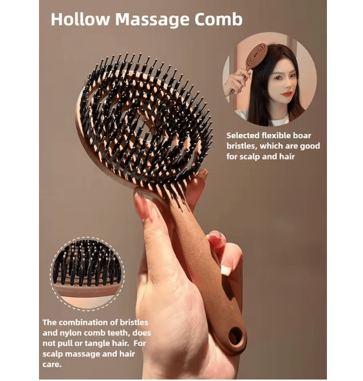 Boar Bristle Detangling Hair Brush – Scalp Massage Comb for Wet & Curly Hair – Hollow Out Barber Hairdressing Styling Tool