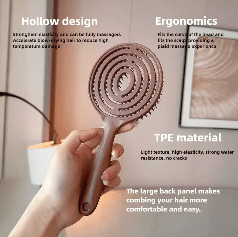 Boar Bristle Detangling Hair Brush – Scalp Massage Comb for Wet & Curly Hair – Hollow Out Barber Hairdressing Styling Tool