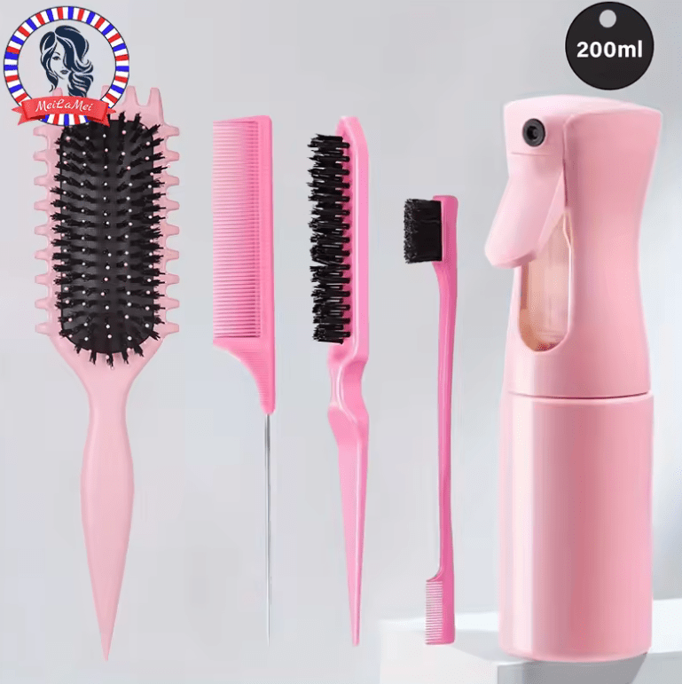 5-Piece Detangling & Styling Set – Curl Candy Brush, Curved Rat Tail Comb & Edge Control Brush – Professional Hair Styling Tools for Salon-Quality Results