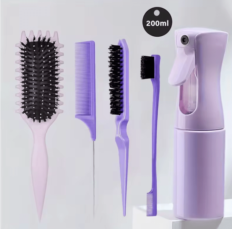5-Piece Detangling & Styling Set – Curl Candy Brush, Curved Rat Tail Comb & Edge Control Brush – Professional Hair Styling Tools for Salon-Quality Results