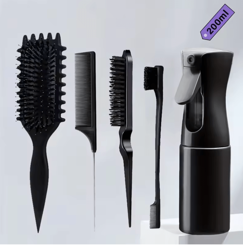 5-Piece Detangling & Styling Set – Curl Candy Brush, Curved Rat Tail Comb & Edge Control Brush – Professional Hair Styling Tools for Salon-Quality Results