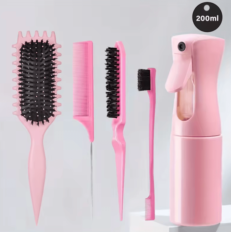 5-Piece Detangling & Styling Set – Curl Candy Brush, Curved Rat Tail Comb & Edge Control Brush – Professional Hair Styling Tools for Salon-Quality Results