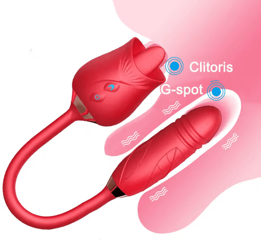 3-in-1 Rose Vibrator for Women – Clitoral Stimulator with Tongue Licking & G-Spot Thrusting – 10-Mode Rechargeable Dildo for Vaginal & Anal Pleasure