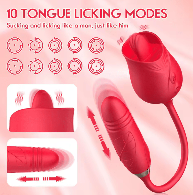 3-in-1 Rose Vibrator for Women – Clitoral Stimulator with Tongue Licking & G-Spot Thrusting – 10-Mode Rechargeable Dildo for Vaginal & Anal Pleasure