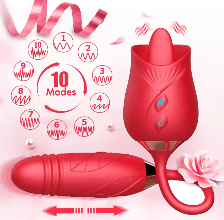 3-in-1 Rose Vibrator for Women – Clitoral Stimulator with Tongue Licking & G-Spot Thrusting – 10-Mode Rechargeable Dildo for Vaginal & Anal Pleasure