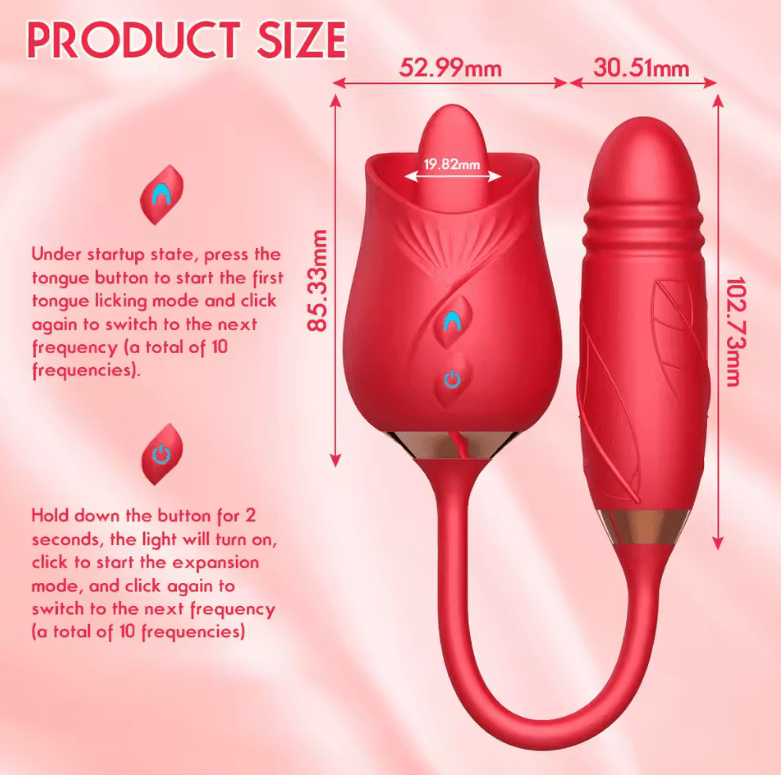 3-in-1 Rose Vibrator for Women – Clitoral Stimulator with Tongue Licking & G-Spot Thrusting – 10-Mode Rechargeable Dildo for Vaginal & Anal Pleasure