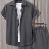 2025 Men’s Summer Striped Jacquard Shirt – Short Sleeve Button-Down Collar Shirt – Casual Fashionable Trendy Top – Lightweight Hot-Selling Summer Style