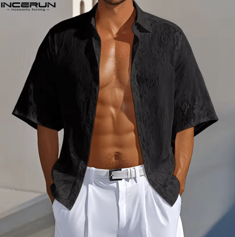 Men’s Sheer Lace Mesh Shirt – Transparent Short Sleeve Lapel Top – Sexy Oversized Summer Streetwear – Unisex Party Fashion Shirt 2025