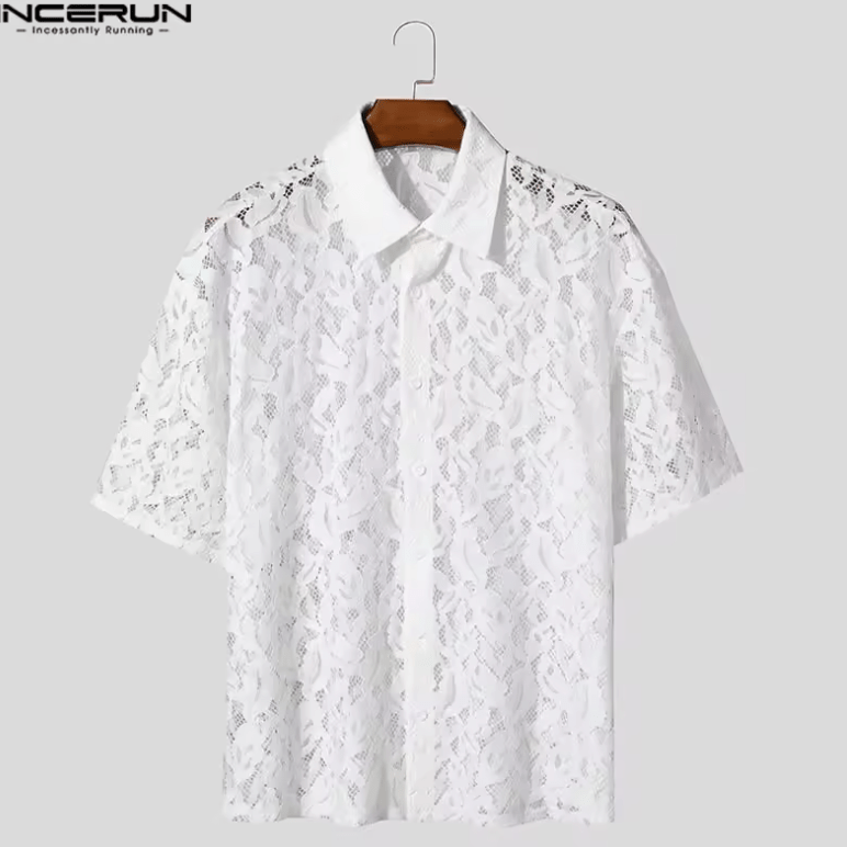 Men’s Sheer Lace Mesh Shirt – Transparent Short Sleeve Lapel Top – Sexy Oversized Summer Streetwear – Unisex Party Fashion Shirt 2025