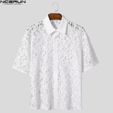 Men’s Sheer Lace Mesh Shirt – Transparent Short Sleeve Lapel Top – Sexy Oversized Summer Streetwear – Unisex Party Fashion Shirt 2025