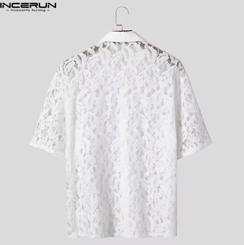 Men’s Sheer Lace Mesh Shirt – Transparent Short Sleeve Lapel Top – Sexy Oversized Summer Streetwear – Unisex Party Fashion Shirt 2025