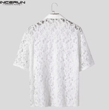 Men’s Sheer Lace Mesh Shirt – Transparent Short Sleeve Lapel Top – Sexy Oversized Summer Streetwear – Unisex Party Fashion Shirt 2025