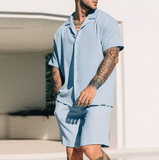 2025 Men’s Summer 2-Piece Set – Short Sleeve Lapel Shirt & Matching Shorts – Button Down Beach Outfit – Casual Streetwear Tracksuit