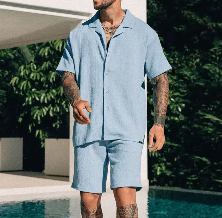 2025 Men’s Summer 2-Piece Set – Short Sleeve Lapel Shirt & Matching Shorts – Button Down Beach Outfit – Casual Streetwear Tracksuit