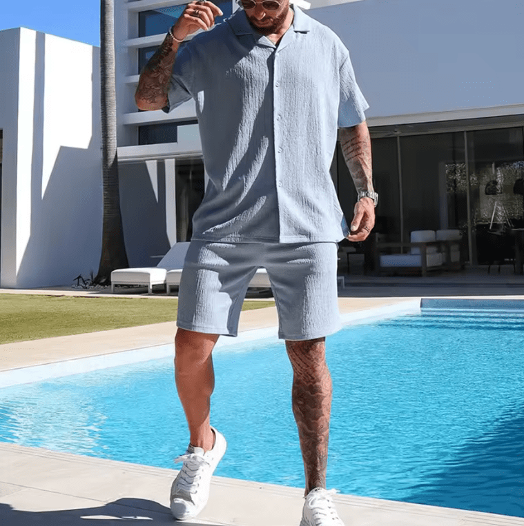 2025 Men’s Summer 2-Piece Set – Short Sleeve Lapel Shirt & Matching Shorts – Button Down Beach Outfit – Casual Streetwear Tracksuit