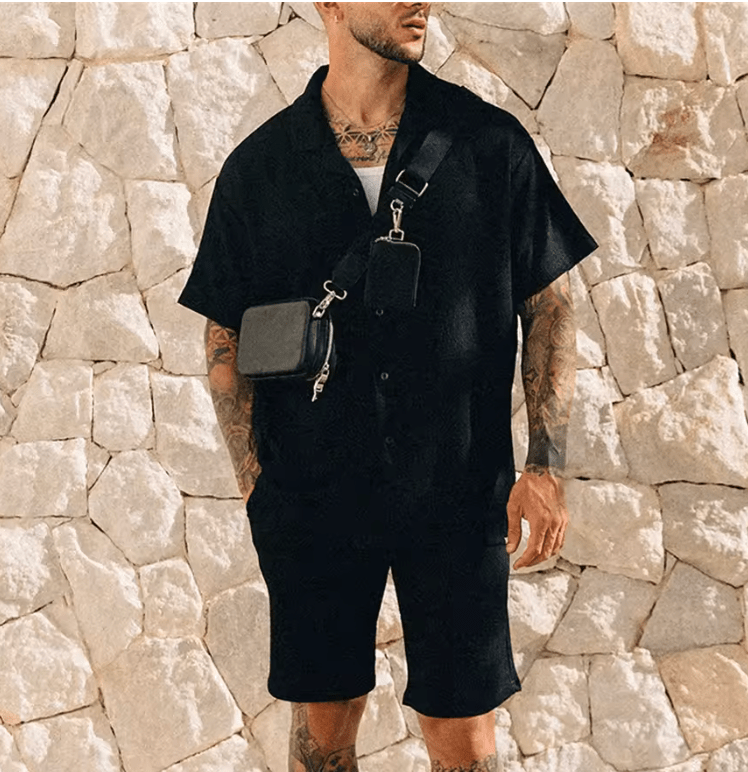 2025 Men’s Summer 2-Piece Set – Short Sleeve Lapel Shirt & Matching Shorts – Button Down Beach Outfit – Casual Streetwear Tracksuit