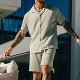 2025 Men’s Summer 2-Piece Set – Short Sleeve Lapel Shirt & Matching Shorts – Button Down Beach Outfit – Casual Streetwear Tracksuit