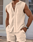 Men’s Summer Sleeveless Jacquard 2-Piece Set – Solid Color Stand Collar Shirt & Shorts – Casual Beach Outfit – Fashionable Lightweight Set