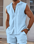 Men’s Summer Sleeveless Jacquard 2-Piece Set – Solid Color Stand Collar Shirt & Shorts – Casual Beach Outfit – Fashionable Lightweight Set