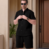 Men’s Summer Sleeveless Jacquard 2-Piece Set – Solid Color Stand Collar Shirt & Shorts – Casual Beach Outfit – Fashionable Lightweight Set