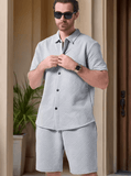 Men’s Summer Sleeveless Jacquard 2-Piece Set – Solid Color Stand Collar Shirt & Shorts – Casual Beach Outfit – Fashionable Lightweight Set