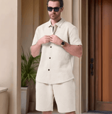 Men’s Summer Sleeveless Jacquard 2-Piece Set – Solid Color Stand Collar Shirt & Shorts – Casual Beach Outfit – Fashionable Lightweight Set